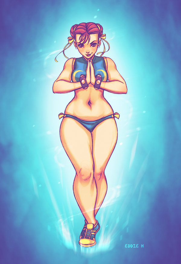 1girl, adapted_costume, aura, bikini, blue_bikini, breasts, brown_hair, chun-li, crossed_legs, curvy, double_bun, earrings, eddie_holly, full_body, hair_ribbon, hands_clasped, jewelry, ribbon, shoes, short_hair, sneakers, solo, standing, street_fighter, street_fighter_zero, studded_bracelet, swimsuit, tankini, wide_hips