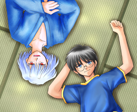 2boys, asuka_(aqua_space), black_hair, casual, japanese_clothes, lowres, lying, multiple_boys