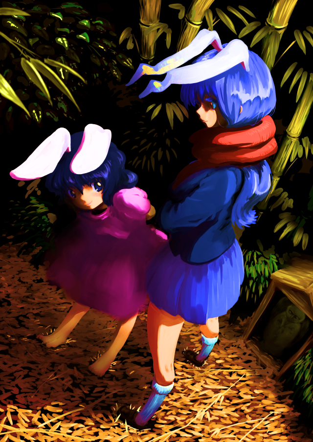 2girls, animal_ears, arms_behind_back, bamboo, bamboo_forest, barefoot, black_eyes, black_hair
