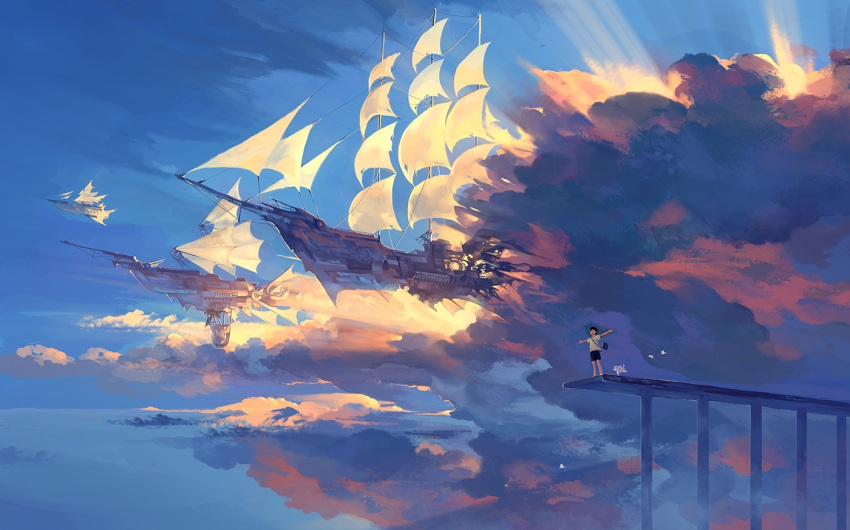 1boy, aircraft, airship, bag, bird, black_hair, child, clouds