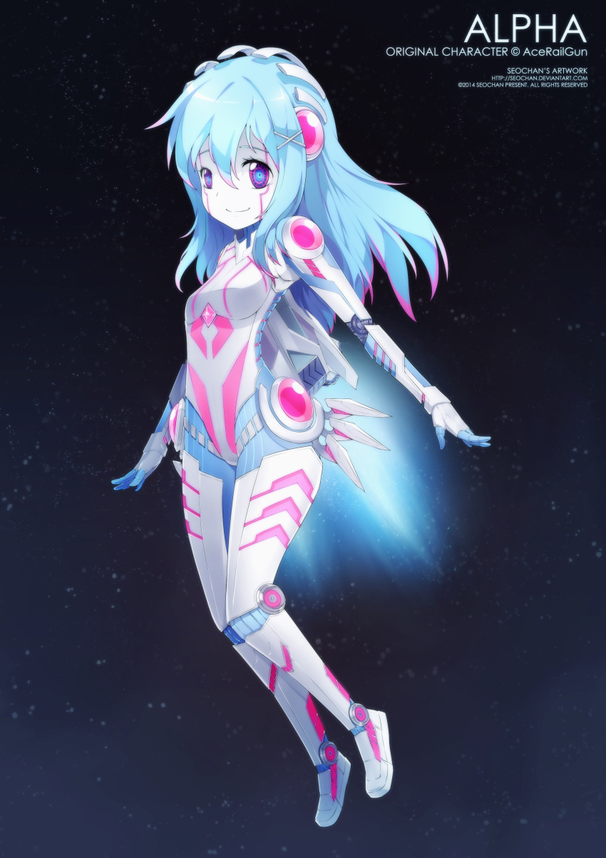 1girl, 2014, absurdres, alpha_(acerailgun), artist_name, blue_eyes, blue_hair, borrowed_character, character_name, full_body, hair_ornament, hairclip, highres, long_hair, multicolored_eyes, original, outstretched_arms, pink_eyes, robot_girl, robot_joints, seochan, small_breasts, smile, solo, space, watermark, web_address