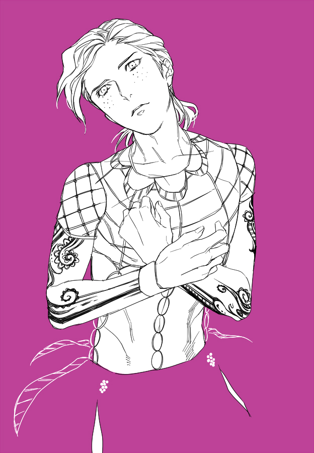 1boy, cosplay, diavolo, diavolo_(cosplay), freckles, jojo_no_kimyou_na_bouken, monochrome, sanako_(tsubakiiro)