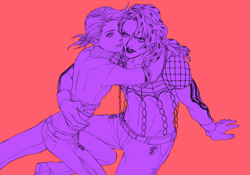 2boys, diavolo, jojo_no_kimyou_na_bouken, long_hair, monochrome, multiple_boys, sanako_(tsubakiiro), sweater