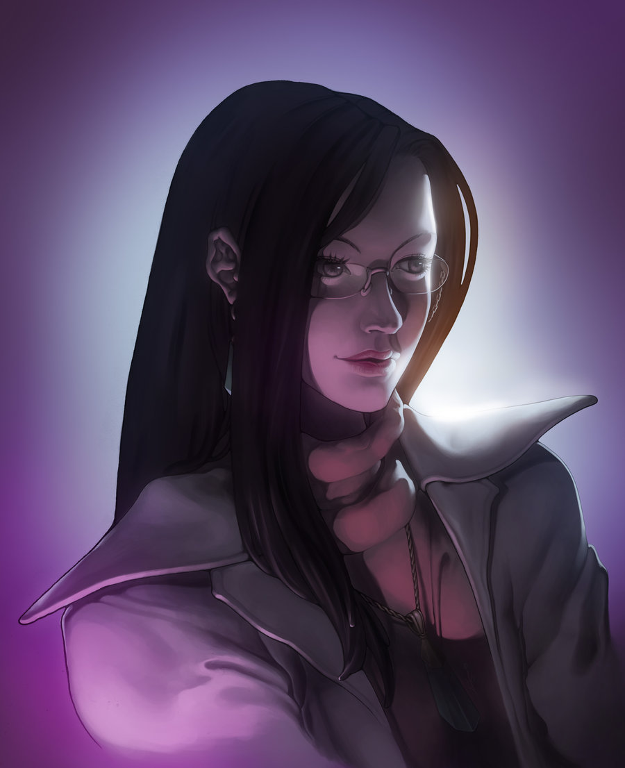 1girl, black_hair, bust, glasses, jewelry, labcoat, lips, lipstick