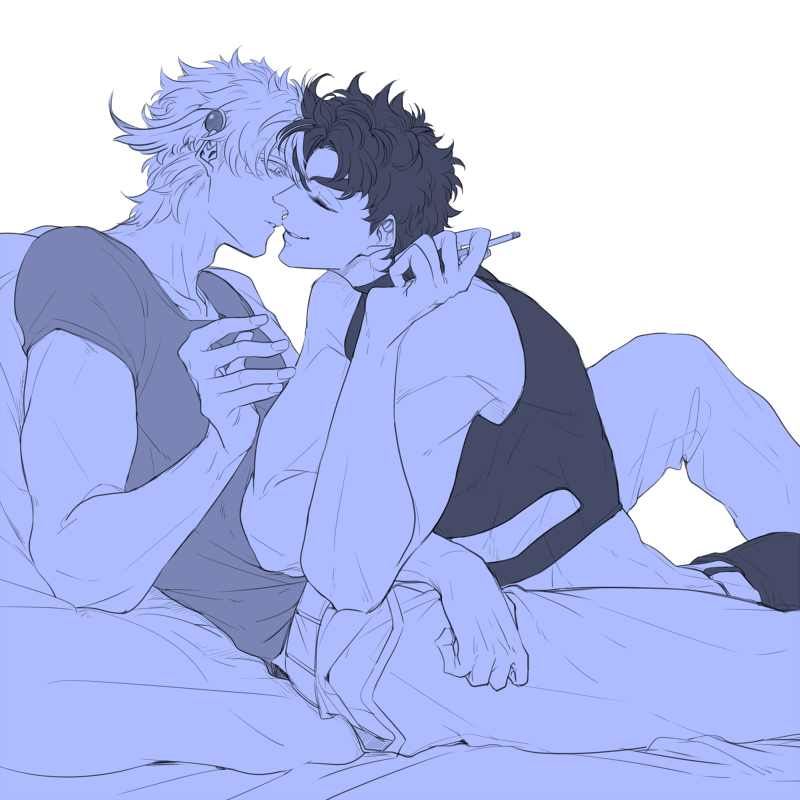 2boys, caesar_anthonio_zeppeli, cigarette, jojo_no_kimyou_na_bouken, joseph_joestar_(young), kock_k, midriff, monochrome