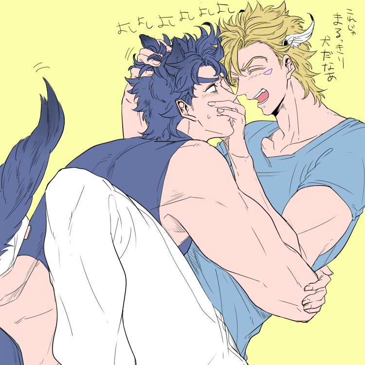 2boys, animal_ears, blue_hair, caesar_anthonio_zeppeli, dog_ears, dog_tail, facial_mark, feathers