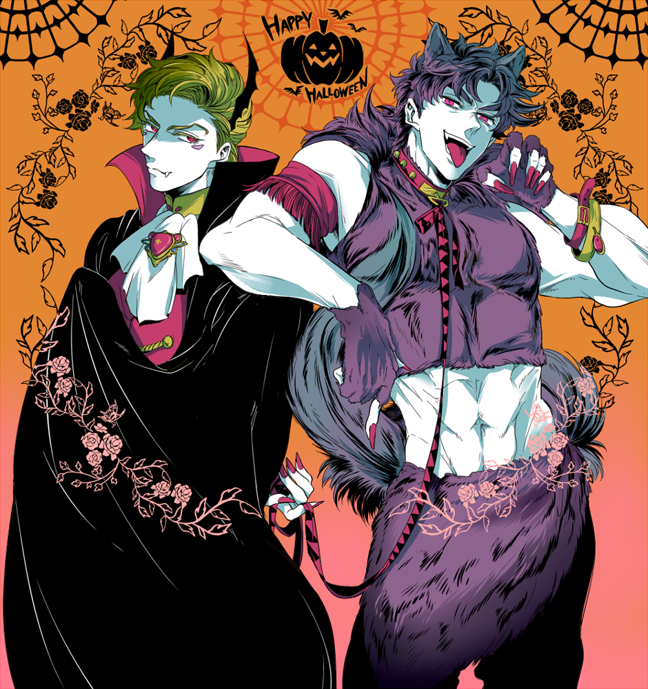 2boys, animal_ears, caesar_anthonio_zeppeli, cape, cravat, facial_mark, fangs, halloween