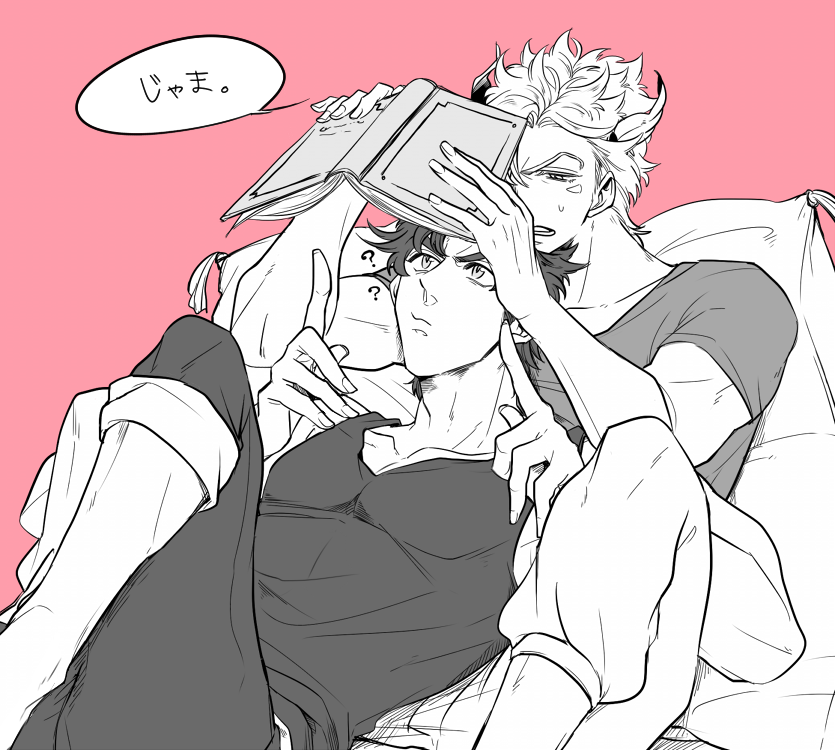 2boys, book, boots, caesar_anthonio_zeppeli, facial_mark, jojo_no_kimyou_na_bouken, joseph_joestar_(young), kock_k
