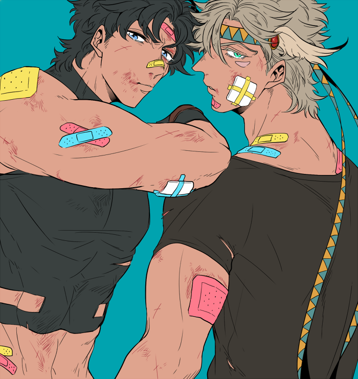 2boys, bandages, black_hair, blonde_hair, blue_eyes, green_eyes, headband, jojo_no_kimyou_na_bouken