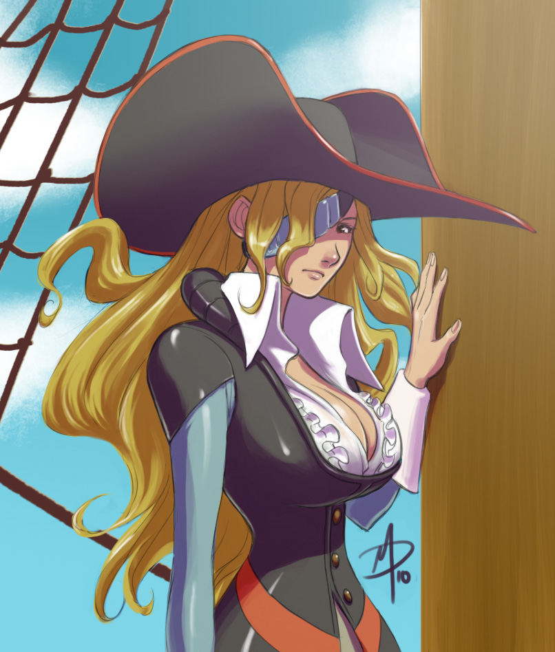 1girl, blonde_hair, breasts, cleavage, daniel_macgregor, eyepatch, hat, large_breasts