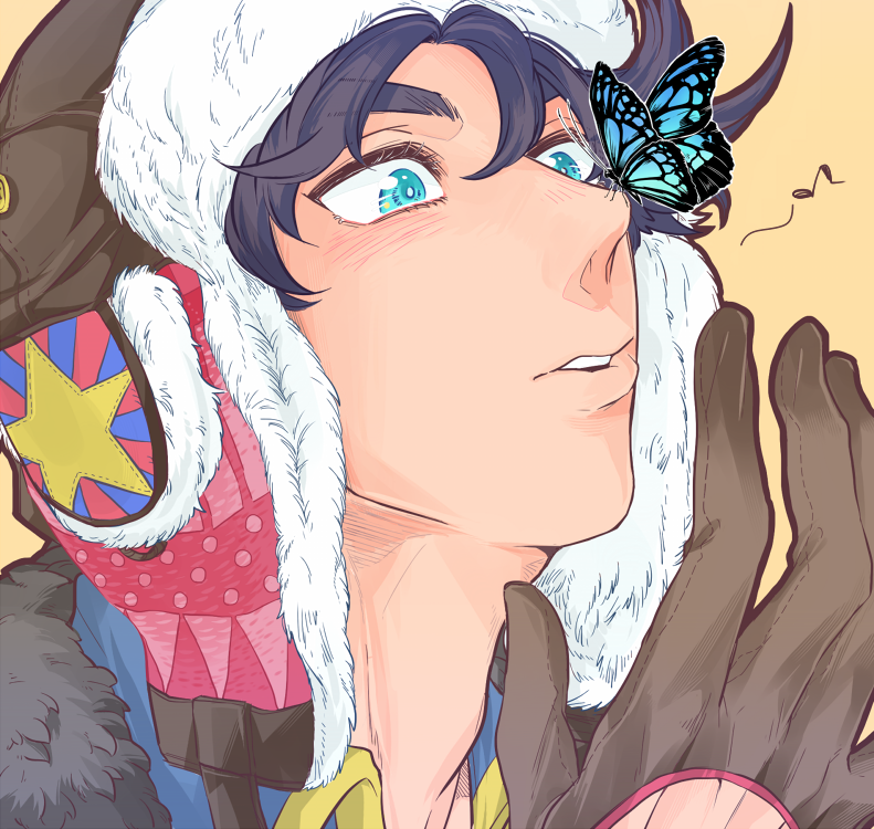 1boy, aviator_hat, black_hair, blue_eyes, butterfly, butterfly_on_nose, gloves, jojo_no_kimyou_na_bouken