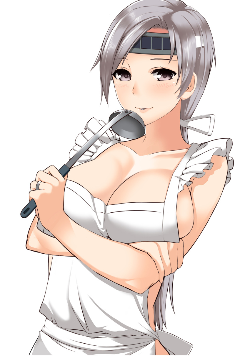 1girl, apron, breast_hold, breasts, bust, chitose_(kantai_collection), cleavage, collarbone, crossed_arms, grey_eyes, hal_2001lop91, headband, highres, holding, jewelry, kantai_collection, ladle, large_breasts, light_smile, long_hair, long_ponytail, looking_at_viewer, naked_apron, parted_lips, ponytail, ring, silver_hair, simple_background, solo, white_background