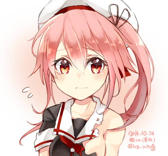 1girl, beret, black_serafuku, dated, flower_hair_ornament, hair_ribbon, harusame_(kantai_collection), hat