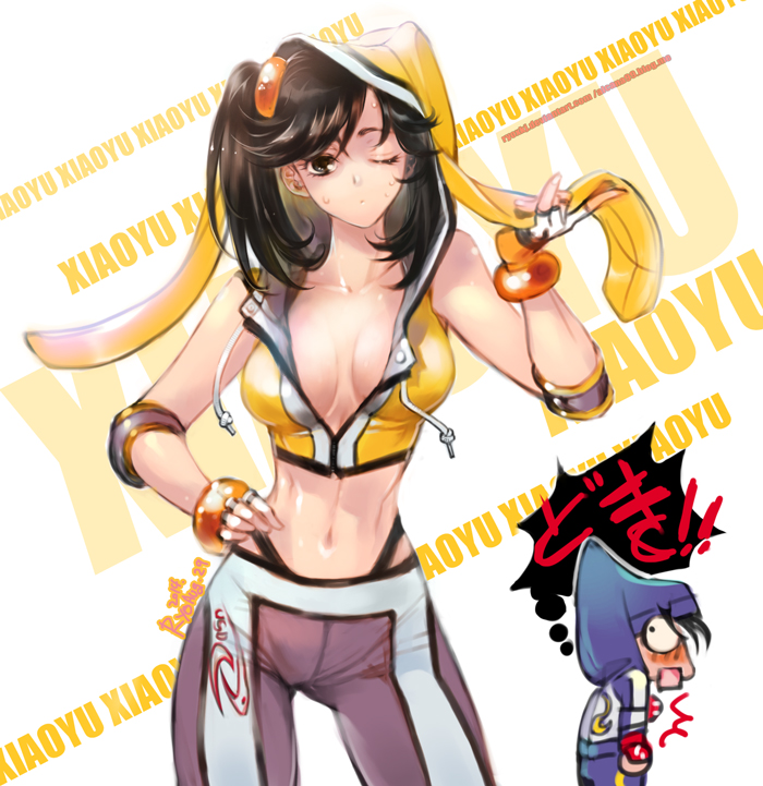 1girl, black_hair, bracelet, breasts, chibi_inset, contrapposto, elbow_gloves, fingerless_gloves