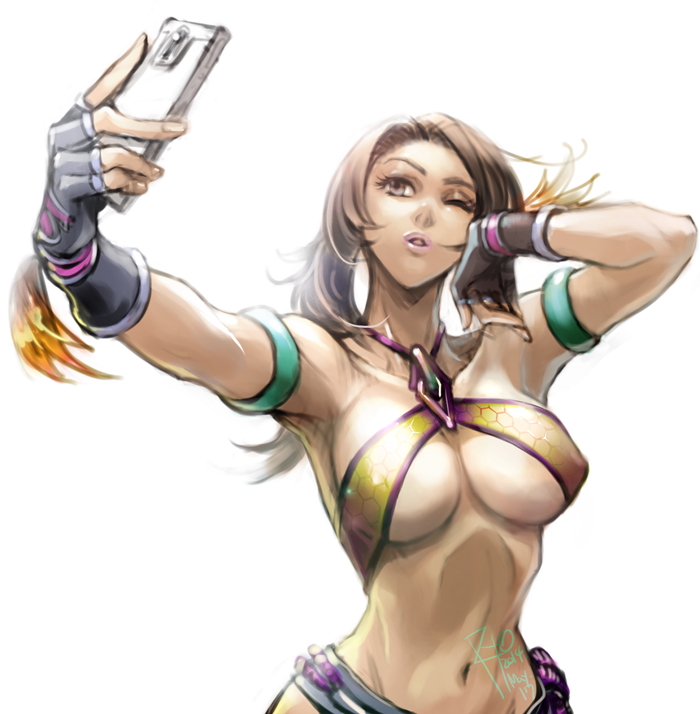 1girl, ;), armband, breasts, brown_eyes, brown_hair, cellphone, christie_monteiro