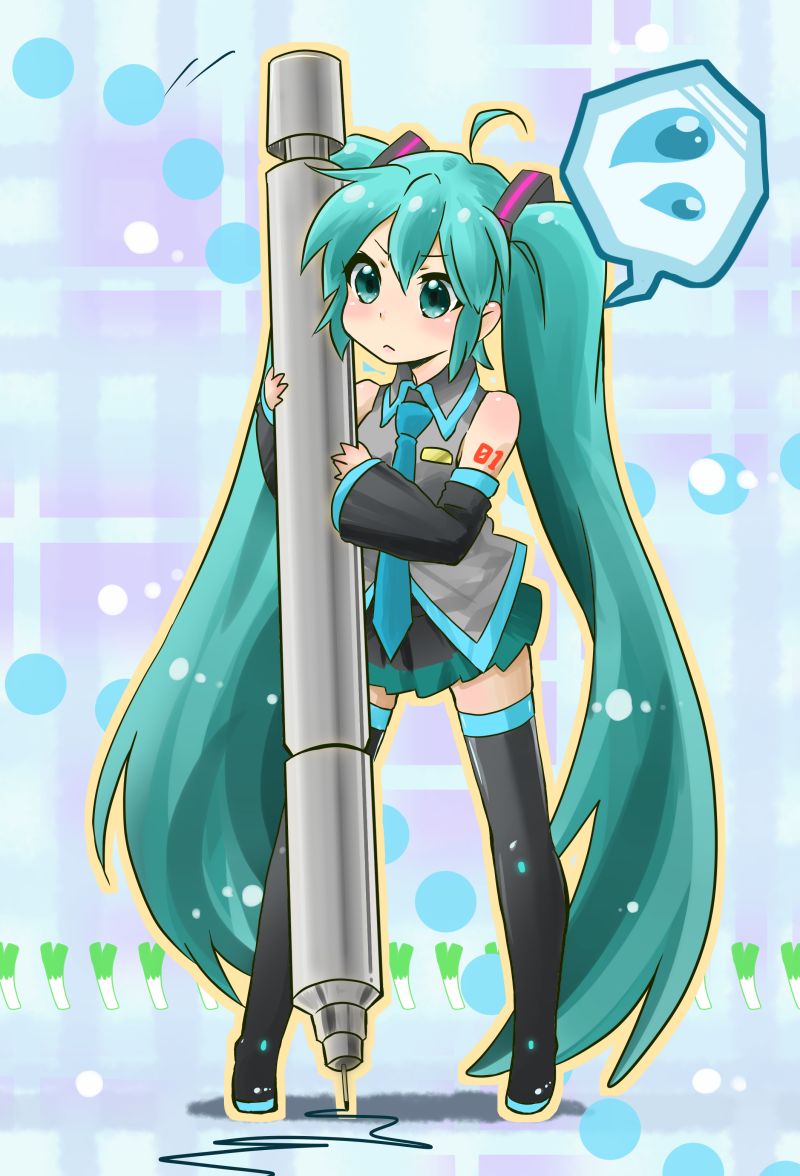 1girl, ahoge, aqua_eyes, aqua_hair, boots, crea, detached_sleeves, drawing, frown, hatsune_miku, long_hair, minigirl, necktie, pen, skirt, solo, thigh-highs, thigh_boots, twintails, very_long_hair, vocaloid
