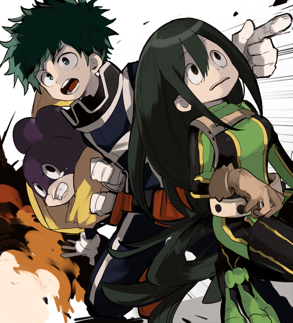 1girl, 2boys, asui_tsuyu, belt, black_eyes, black_hair, bodysuit, boku_no_hero_academia