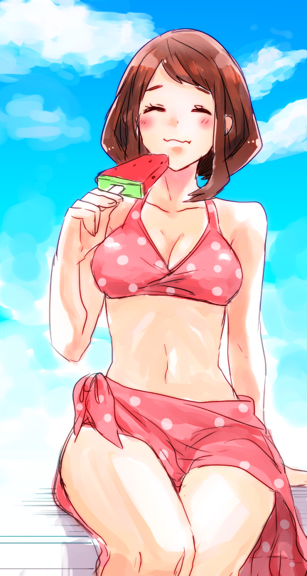 1girl, bikini, boku_no_hero_academia, brown_hair, closed_eyes, eating, food, fruit, pareo, pink_sarong, sarong, short_hair, sinnpatilove, solo, swimsuit, uraraka_ochako, watermelon