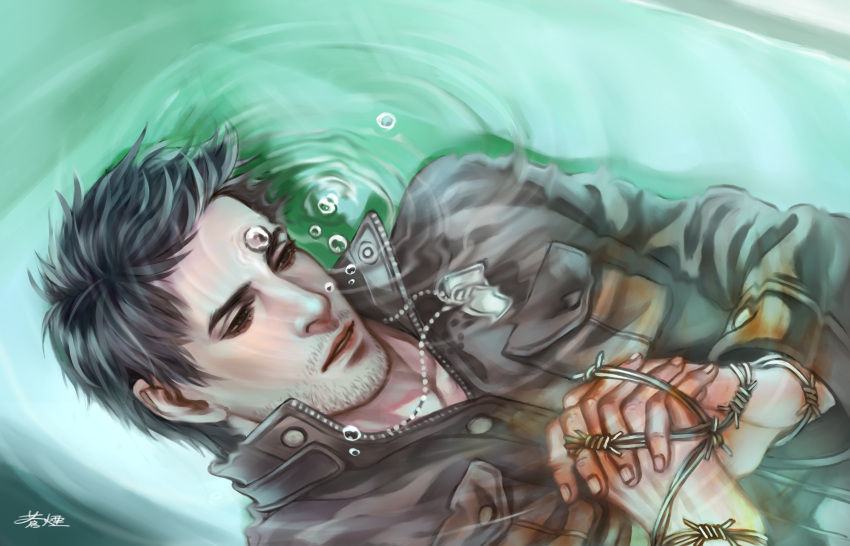 1boy, alex_shepherd, barbed_wire, bathtub, cang_fade, facial_hair, highres, silent_hill_homecoming