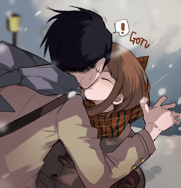 1boy, 1girl, blush, boku_no_hero_academia, brown_hair, closed_eyes, coat, iida_tenya