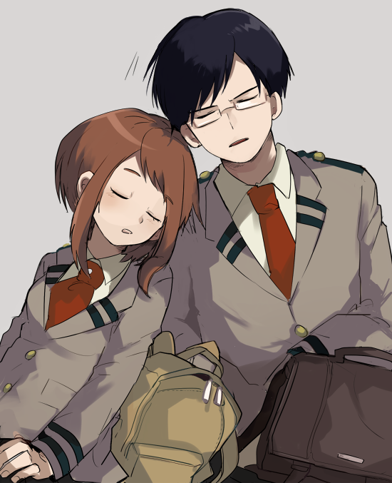 1boy, 1girl, boku_no_hero_academia, brown_hair, iida_tenya, school_uniform, shina_000, short_hair
