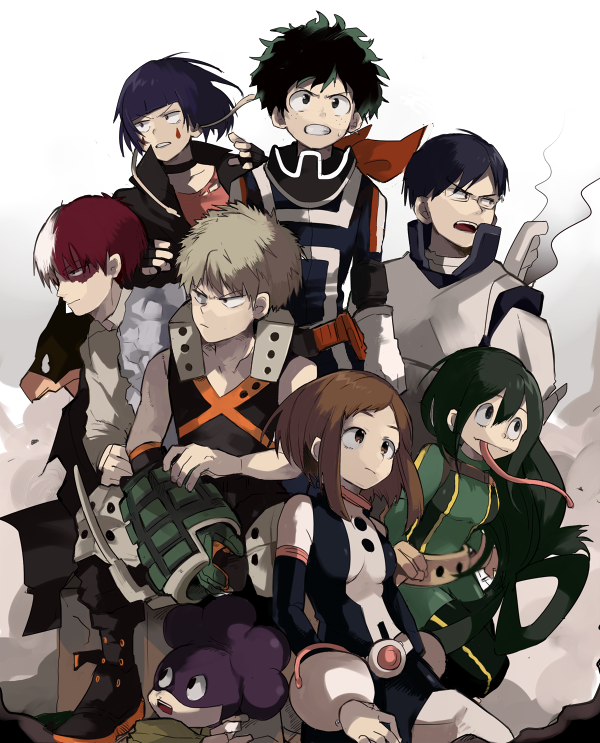 3girls, asui_tsuyu, bakugou_katsuki, belt, black_eyes, black_hair, bodysuit, boku_no_hero_academia, brown_eyes, brown_hair, frog_girl, gloves, iida_tenya, jirou_kyouka, long_hair, long_tongue, midoriya_izuku, minoru_mineta, monster_girl, multiple_girls, shina_000, todoroki_shouto, tongue, tongue_out, uraraka_ochako, very_long_tongue