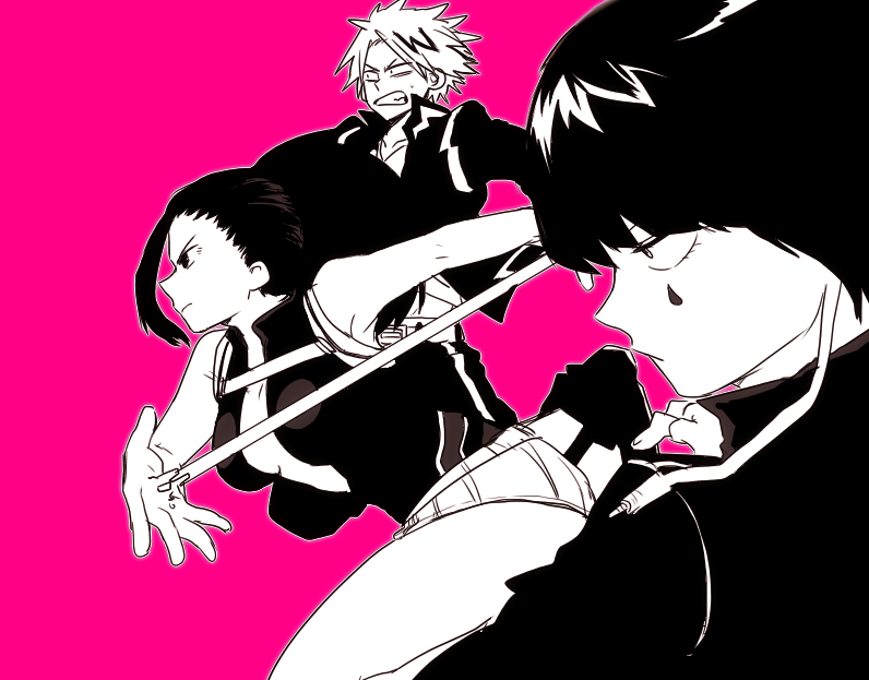 1boy, 2girls, boku_no_hero_academia, jirou_kyouka, kaminari_denki, monochrome, multiple_girls, short_hair, yagiushi, yaoyorozu_momo