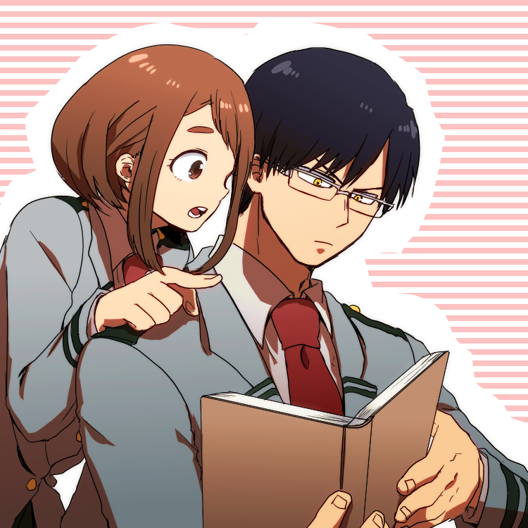 1boy, 1girl, boku_no_hero_academia, brown_eyes, brown_hair, iida_tenya, school_uniform, short_hair, uraraka_ochako, yagiushi