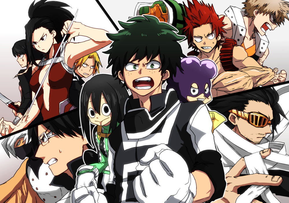 3girls, aizawa_shouta, asui_tsuyu, bakugou_katsuki, black_eyes, black_hair, bodysuit, boku_no_hero_academia
