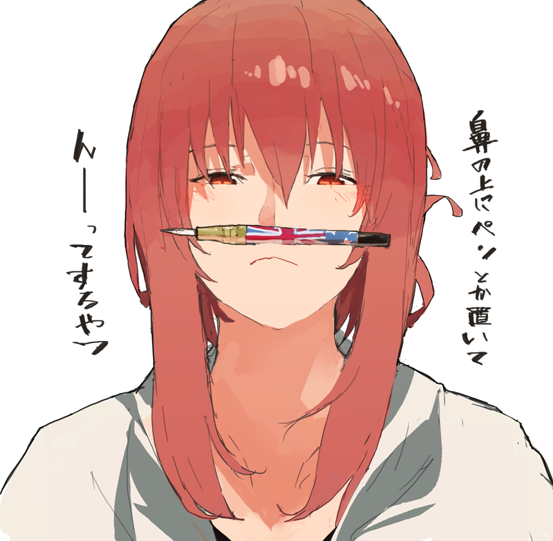 1girl, hms_orion_(siirakannu), long_hair, original, pen, pencil_mustache, red_eyes, redhead
