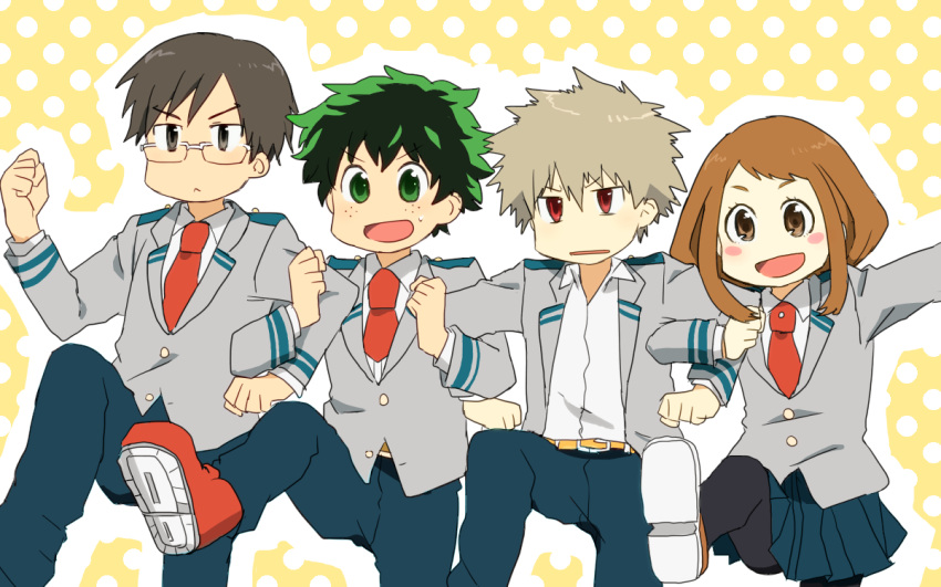 1girl, 3boys, bakugou_katsuki, blush, boku_no_hero_academia, brown_eyes, brown_hair, iida_tenya