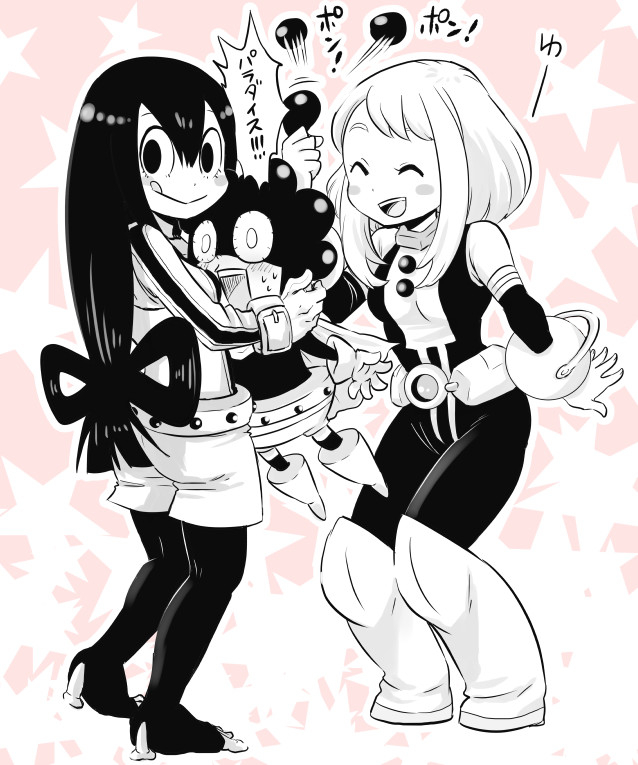 1boy, 2girls, asui_tsuyu, belt, bodysuit, boku_no_hero_academia, long_hair, minoru_mineta