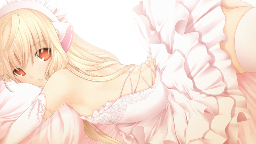 1girl, blonde_hair, blush, brown_eyes, chii, chobits, dress, elbow_gloves