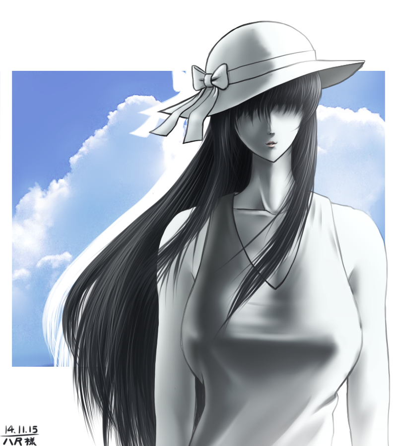 1girl, 2ch, black_hair, breasts, dress, hair_over_eyes, hasshaku-sama, hat