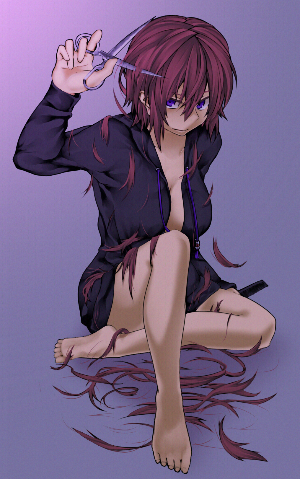 1girl, barefoot, breasts, cleavage, collarbone, comb, cutting_hair, drawstrings, full_body, gradient, gradient_background, highres, hoodie, large_breasts, long_sleeves, looking_at_viewer, messy_hair, naked_hoodie, original, purple_background, redhead, scissors, short_hair, sitting, solo, sudo_(mrsaaad9), violet_eyes
