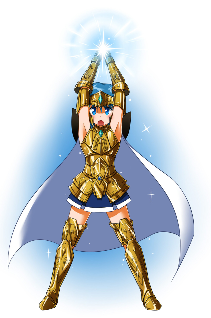 1girl, aquarius, aquarius_camus, armor, armpits, arms_up, blue_eyes, blue_hair