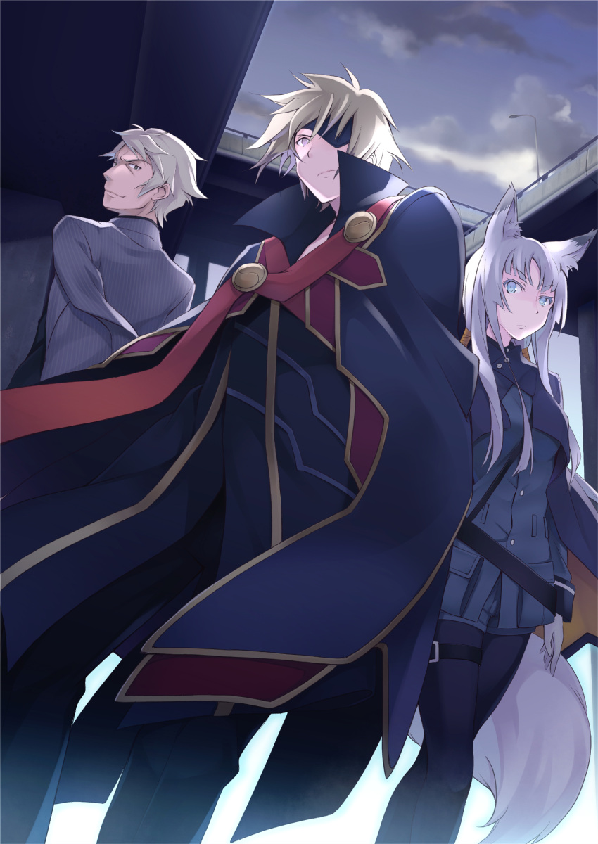1girl, 2boys, amputee, animal_ears, black_legwear, blonde_hair, blue_eyes, brown_eyes, cloak, colored_eyelashes, eyepatch, formal, fox_ears, fox_tail, furumiya_haiji, gloves, highres, hishamaru, kakugyouki, long_hair, long_sleeves, multiple_boys, pantyhose, pinstripe_suit, short_hair, shorts, silver_hair, spoilers, suit, tail, tokyo_ravens, tsuchimikado_harutora, twintails
