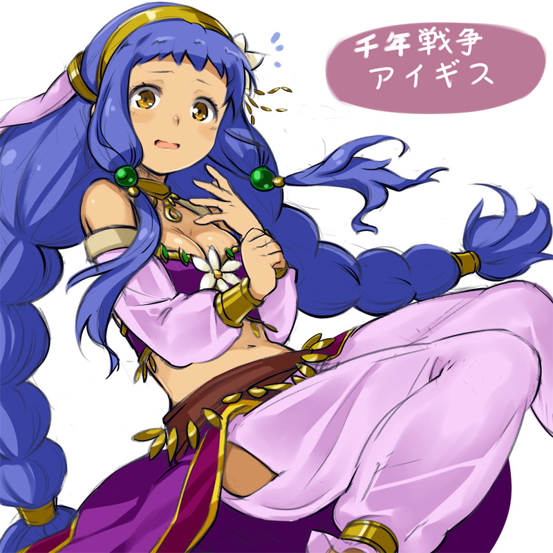 1girl, arabian_clothes, blue_hair, braid, breasts, character_request, choker, cleavage