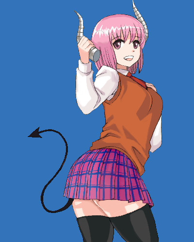 1girl, blue_background, breasts, cowboy_shot, demon_girl, demon_horns, demon_tail, hand_on_own_chest
