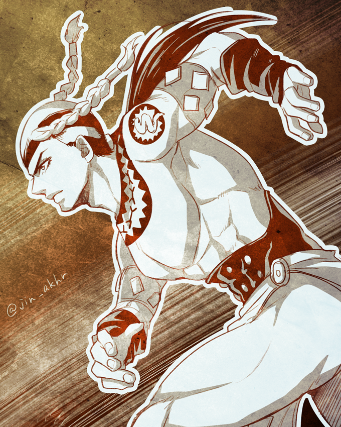 1boy, braid, holiday-jin, jojo_no_kimyou_na_bouken, monochrome, multicolored_hair, native_american, running