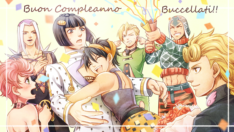 1girl, 6+boys, bouquet, bruno_bucciarati, confetti, flower, giorno_giovanna, guido_mista