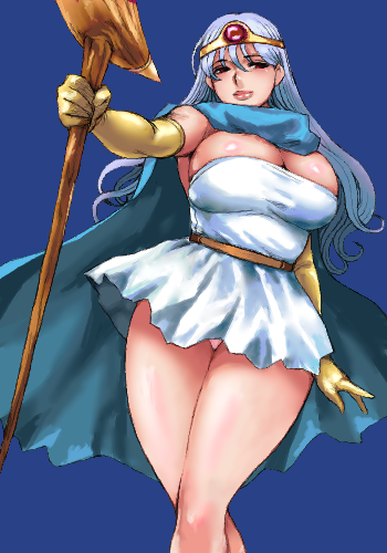 1girl, blue_background, blue_cape, breasts, cape, dragon_quest, dragon_quest_iii, dress