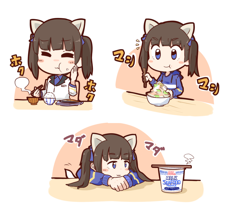 1girl, :3, animal_ears, bangs, black_hair, blue_eyes, blunt_bangs, blush_stickers