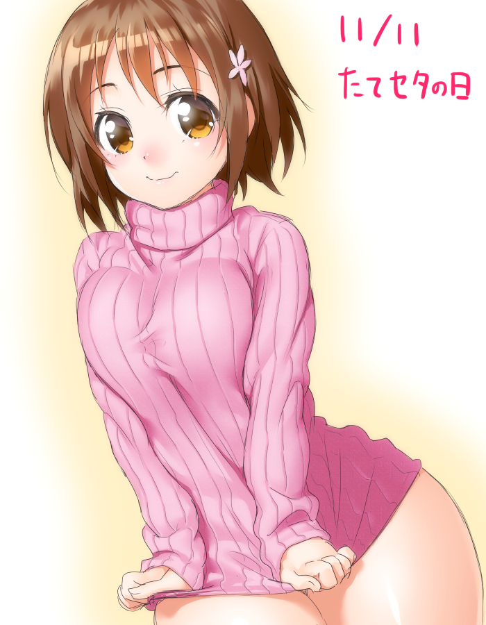 1girl, blush, breasts, brown_eyes, brown_hair, covering, covering_crotch, dated