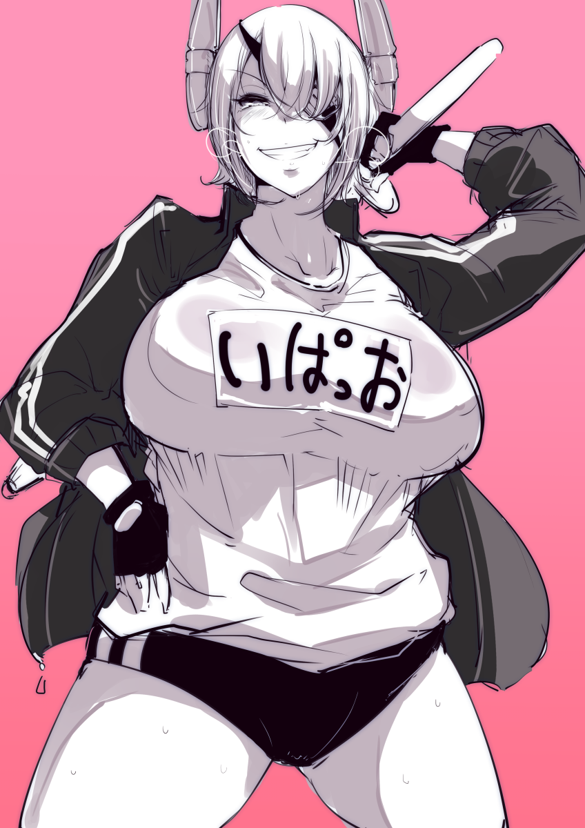 1girl, breasts, grin, highres, ironblood, jacket, kantai_collection, large_breasts, looking_at_viewer, pink_background, simple_background, smile, solo, sweater, sweater_lift, tenryuu_(kantai_collection), thighs