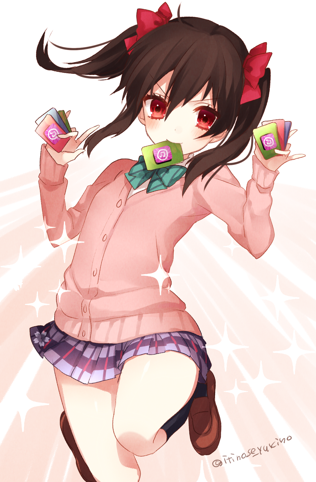 1girl, black_hair, black_legwear, blush, bow, card, cardigan, hair_bow, highres, holding, holding_card, ichinose_yukino, itunes, leg_up, loafers, looking_at_viewer, love_live!_school_idol_project, mouth_hold, red_eyes, school_uniform, shoes, short_hair, skirt, solo, twintails, twitter_username, yazawa_nico