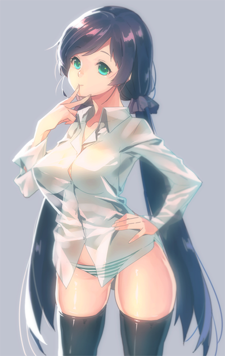 1girl, aqua_eyes, black_legwear, breasts, cowboy_shot, dress_shirt, finger_to_mouth, grey_background