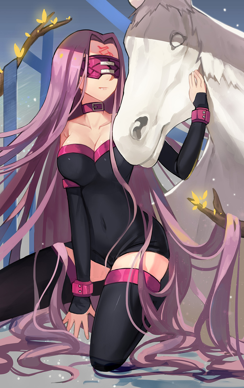1girl, bare_shoulders, blindfold, breasts, cleavage, facial_mark, fate/stay_night, fate_(series)