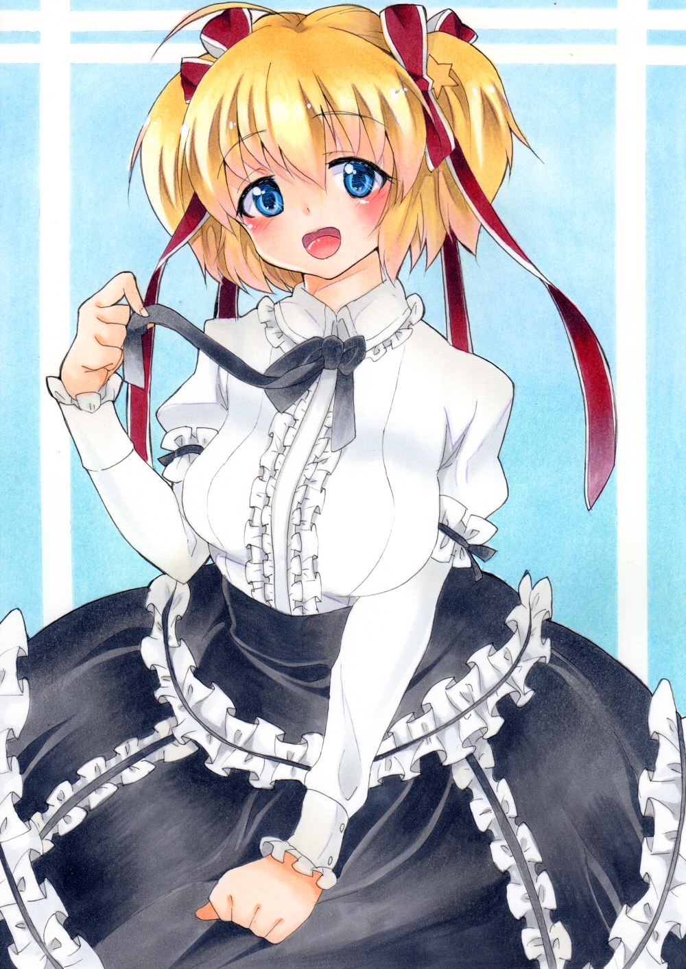 1girl, blonde_hair, blue_eyes, dress, hair_ribbon, highres, kamikita_komari, little_busters!!