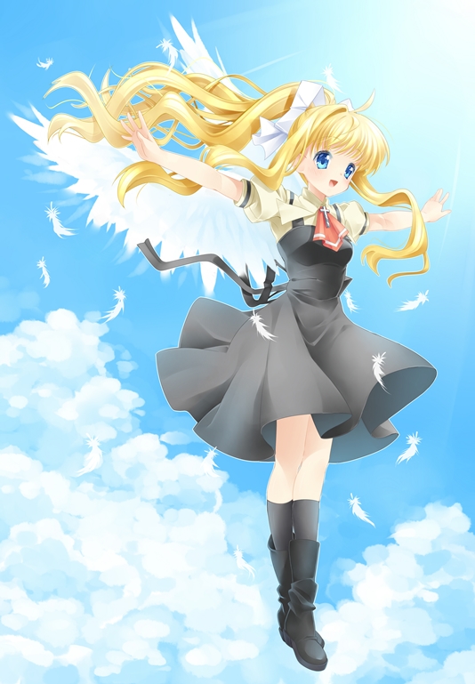 1girl, air, blonde_hair, blue_eyes, boots, hair_ribbon, kamio_misuzu, long_hair
